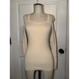 Cuyana Women's Square Neck Ribbed Cotton Silk Cashmere Sweater Cream XS Italy